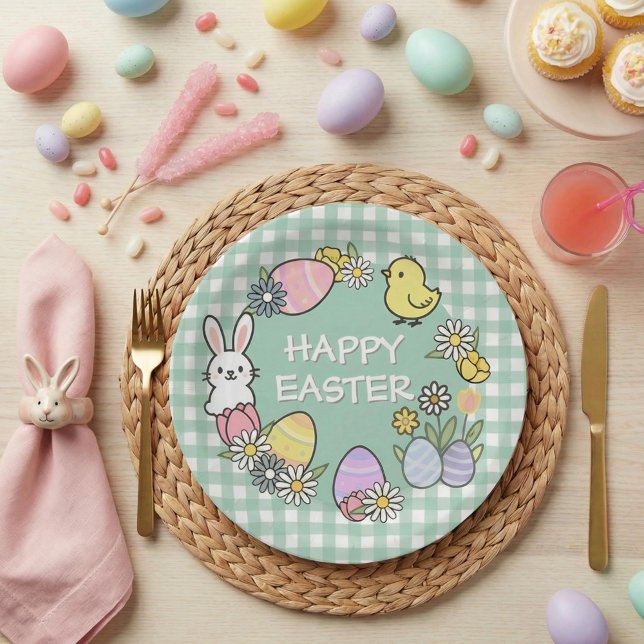 Easter Brunch & Egg Hunt Green Gingham Paper Plates (Creator Uploaded)