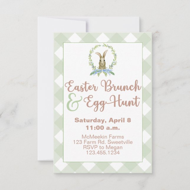 Easter Brunch & Egg Hunt Rabbit Invitation Gingham (Front)