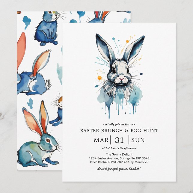 Easter Brunch & Egg Hunt | Water color Bunny Invitation (Front/Back)