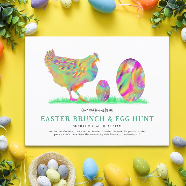 Easter Brunch Egg Hunt Watercolor Chick Budget Invitation Postcard (Easter brunch and egg hunt invitation colorful cute chicken and eggs art)