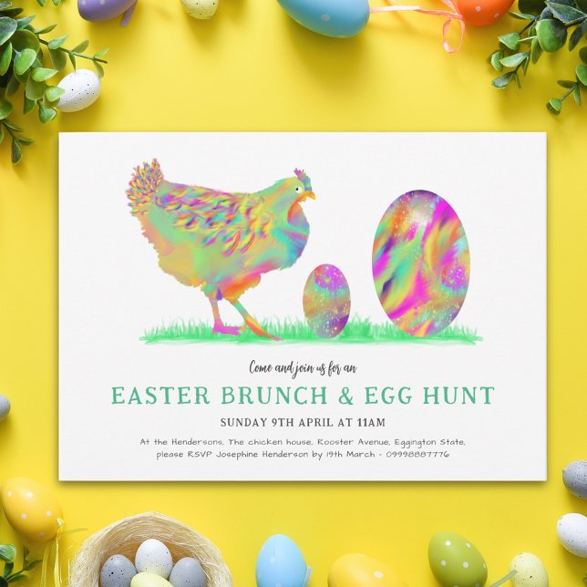 Easter Brunch Egg Hunt Watercolor Chick Invitation (Easter brunch egg hunt cute colorful hen & eggs spring party invitation chicken lover scavenger hunt)