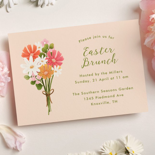 Easter Brunch Floral Spring Bouquet  Invitation (Easter Brunch Invitation with Spring Flower Bouquet illustration)
