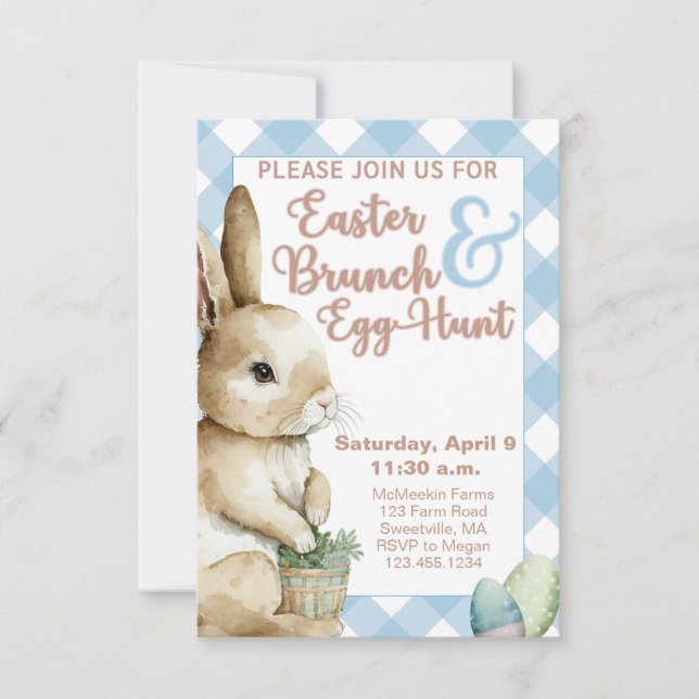 Easter Brunch Invitation, Blue Gingham, Watercolor Invitation (Front)