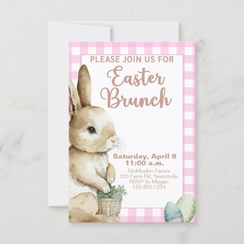 Easter Brunch Invitation Rabbit Pink Gingham Plaid