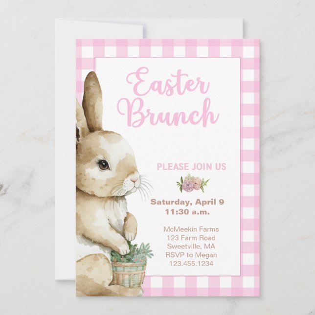 Easter Brunch Invitation, Watercolor Rabbit, Pink Invitation (Front)