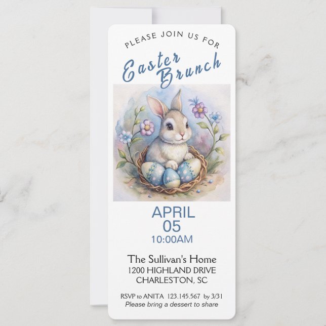 Easter Brunch Invitation with Easter Rabbit.  (Front)