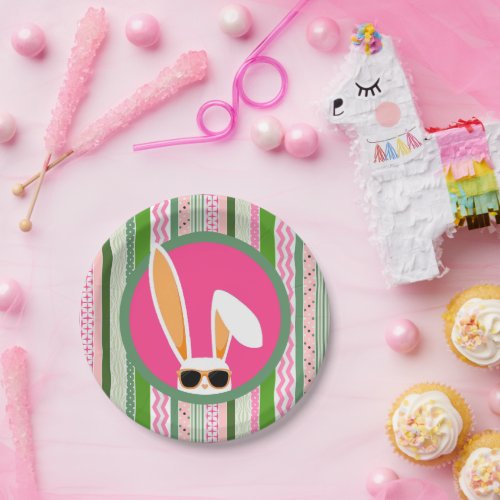 Easter Brunch Party Pink and Green White Rabbits Paper Plates