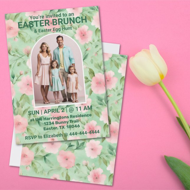 Easter Brunch Photo Pastel Pink & Green Florals Invitation (Creator Uploaded)