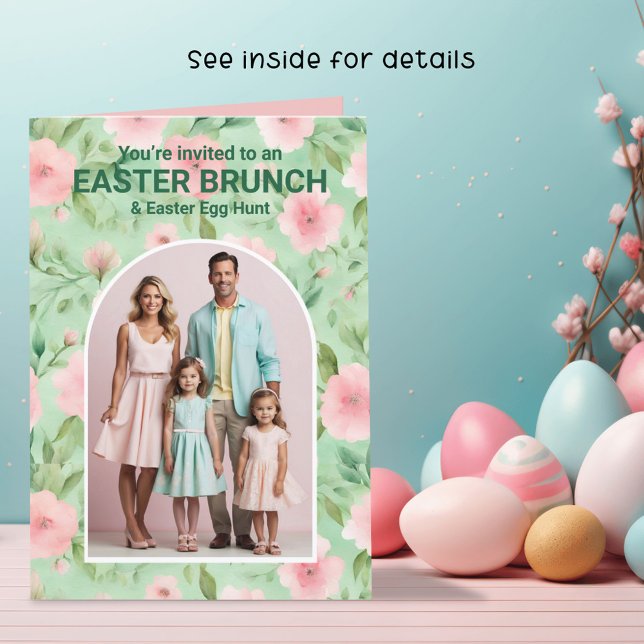 Easter Brunch Photo Pastel Pink & Green Florals Invitation (Creator Uploaded)