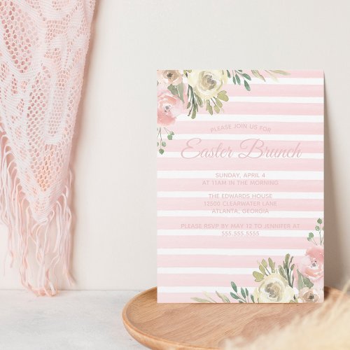 Easter Brunch Pretty Pink Striped Floral Chic Invitation