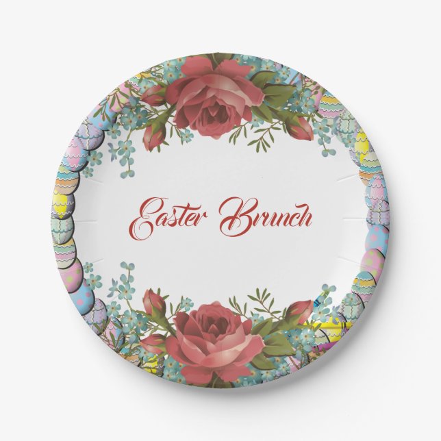 Easter Brunch Rustic Roses Egg Wreath Floral  Paper Plates (Front)