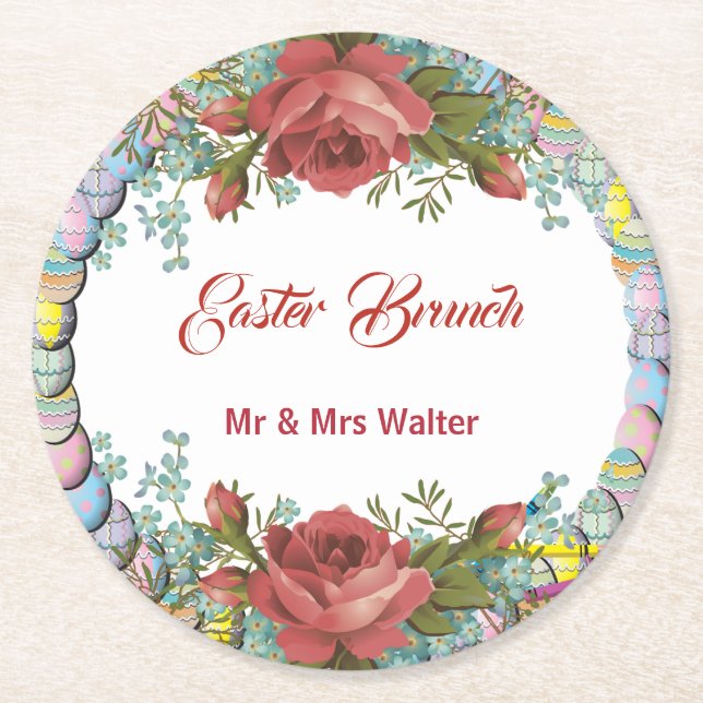 Easter Brunch Rustic Roses Egg Wreath Floral Round Paper Coaster (Front)