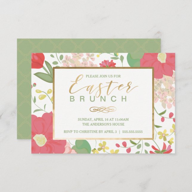 Easter Brunch, Spring Gold Floral Invitation (Front/Back)
