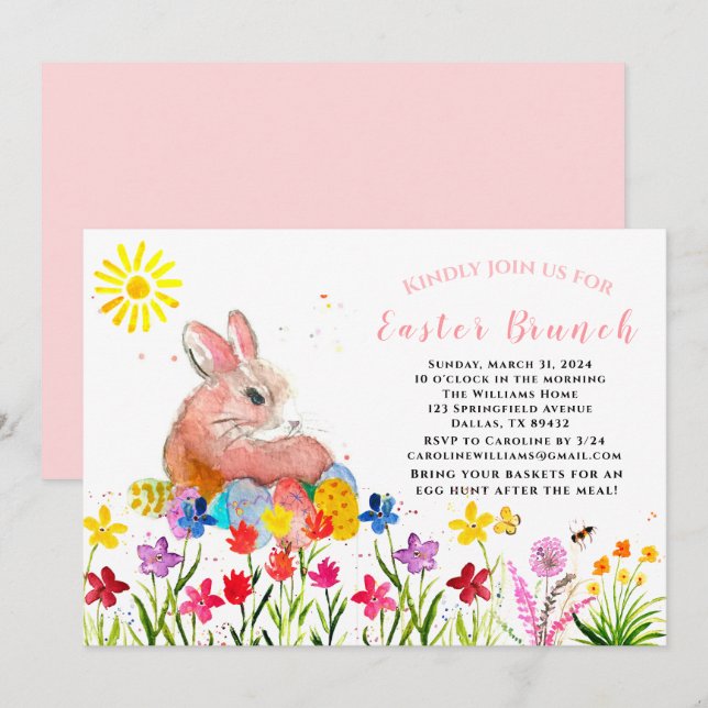 Easter Brunch Watercolor Bunny Rabbit Eggs Floral Invitation (Front/Back)