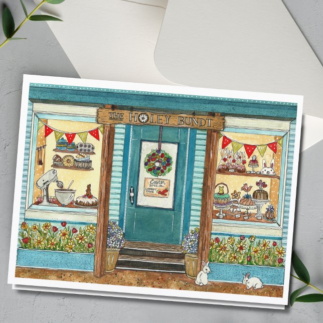 Easter Bunnies and Cake Shop Watercolor Card (Creator Uploaded)