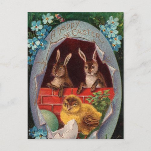 Easter Bunnies and Chick Vintage Postcard