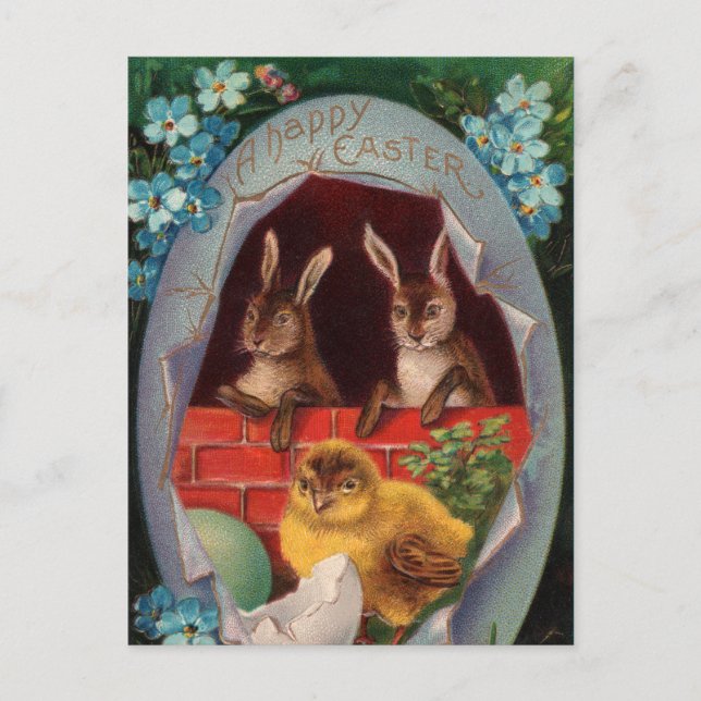 Easter Bunnies and Chick Vintage Postcard (Front)
