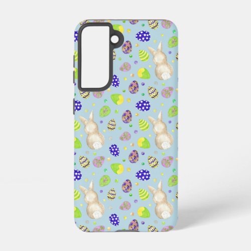 Easter Bunnies and Colorful Eggs Blue  Samsung Galaxy S21 Case