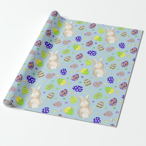Easter Bunnies and Colorful Eggs Blue  Wrapping Paper