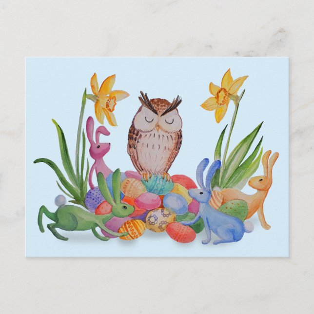 Easter bunnies and Owl Holiday Postcard (Front)