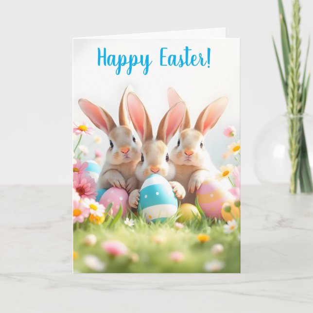 Easter Bunnies and Striped Egg Holiday Card (Front)