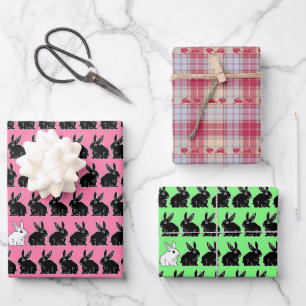 Easter Bunnies Black and White on Pink and Green Wrapping Paper Sheets