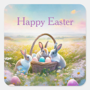 Easter bunnies checking out Easter eggs Square Sticker