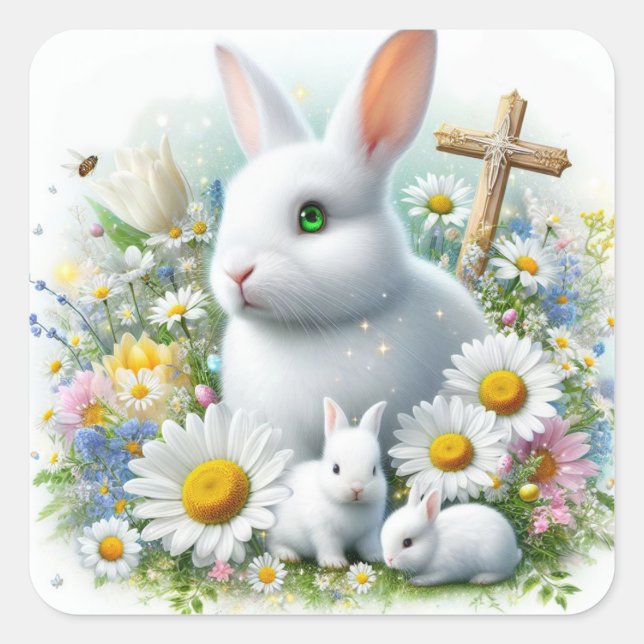 Easter Bunnies, Cross Envelope Seal Square Sticker (Front)