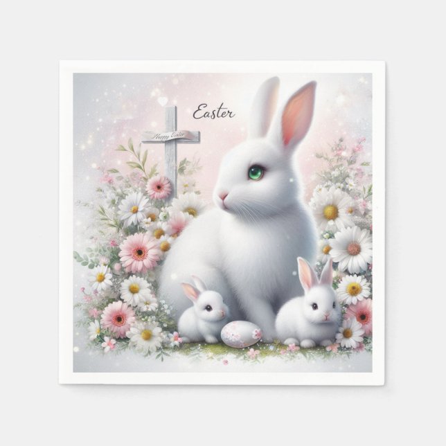 Easter Bunnies, Daisies and Cross Napkins (Front)