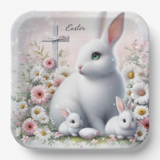 Easter Bunnies, Daisies and Cross Paper Plates (Front)