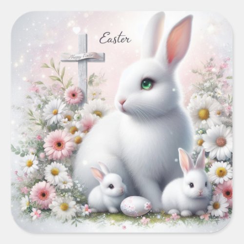 Easter Bunnies Daisies and Cross Square Sticker