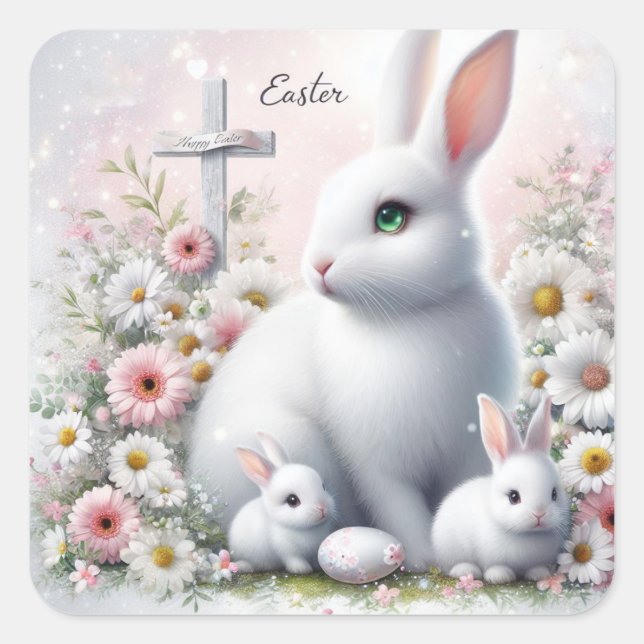 Easter Bunnies, Daisies and Cross Square Sticker (Front)