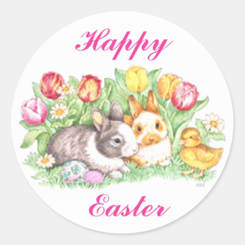 Easter Bunnies Duckling and Tulips Classic Round Sticker