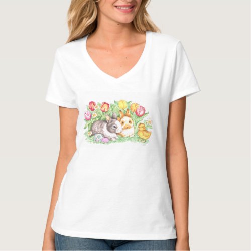 Easter Bunnies Duckling and Tulips T_Shirt