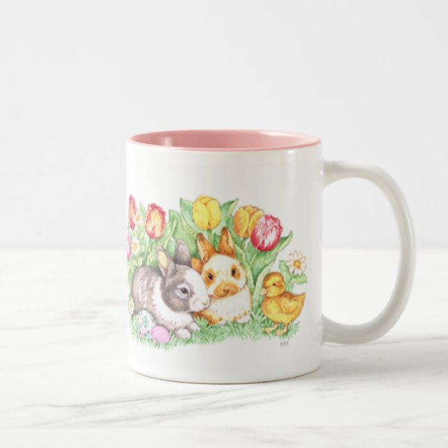 Easter Bunnies, Duckling and Tulips Two-Tone Coffee Mug (Right)