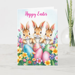 Easter Bunnies Eggs and Flowers Holiday Card