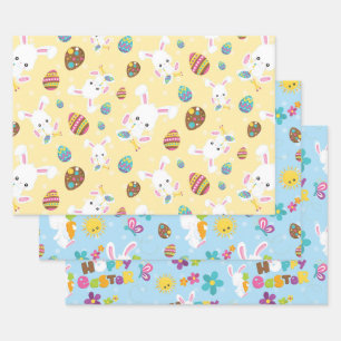 EASTER BUNNIES EGGS AND FLOWERS WRAPPING PAPER SHEETS