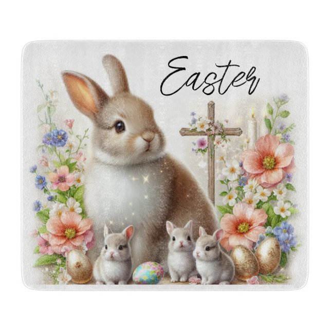Easter Bunnies, Eggs, Flowers and a Cross Cutting Board (Front)