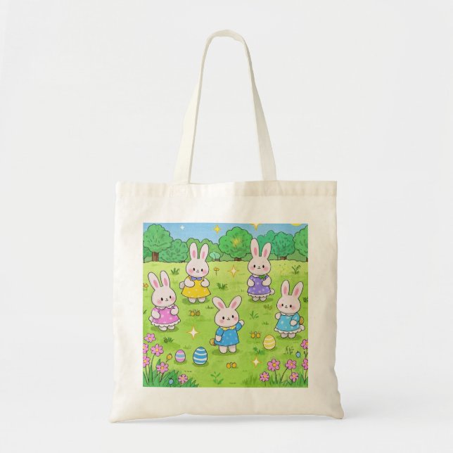 Easter Bunnies hiding eggs in a garden Tote Bag (Front)