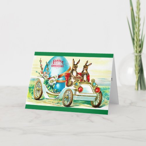 Easter Bunnies in a Motorcar Vintage Card