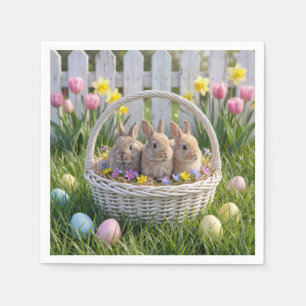 Easter Bunnies In a Wicker Basket on Grass Napkins