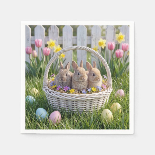 Easter Bunnies In a Wicker Basket on Grass Napkins (Front)