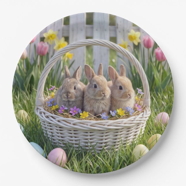 Easter Bunnies In a Wicker Basket on Grass Paper Plates (Front)