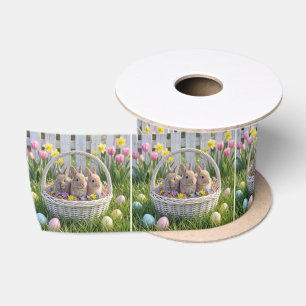 Easter Bunnies In a Wicker Basket on Grass Satin Ribbon