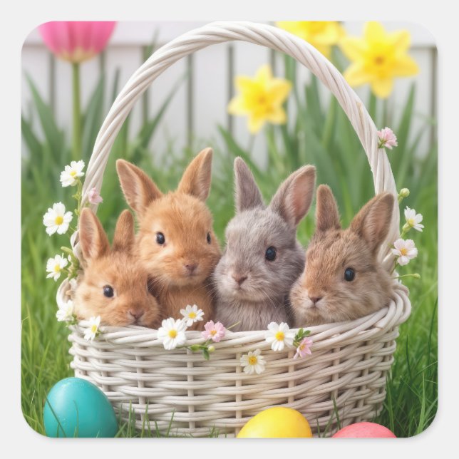 Easter Bunnies in a Wicker Basket Square Sticker (Front)