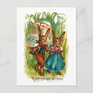 Easter Bunnies In Tall Grass Vintage Easter Holiday Postcard
