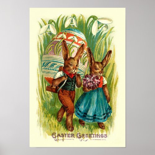 Easter Bunnies In Tall Grass Vintage Easter Poster