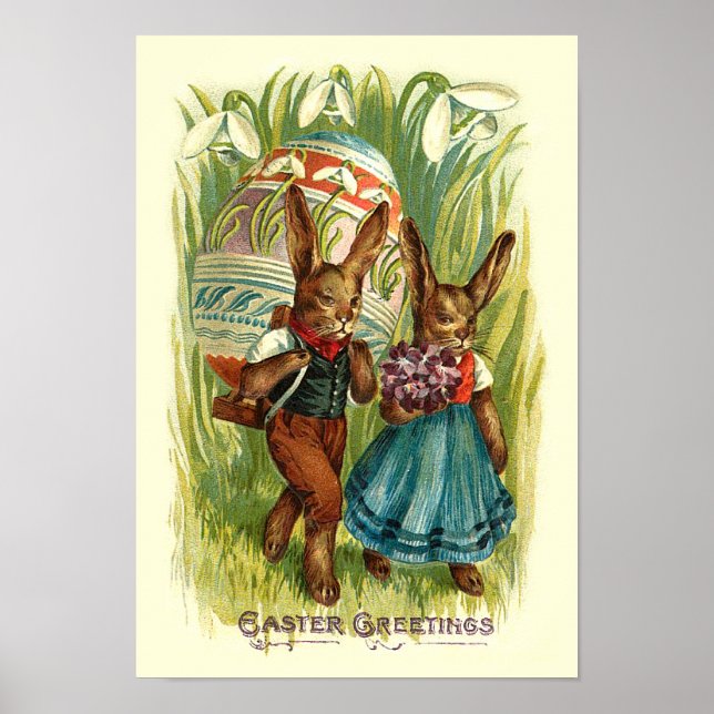 Easter Bunnies In Tall Grass Vintage Easter Poster (Front)