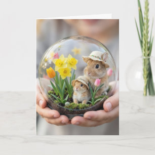 Easter Bunnies in Terrarium Held by Child's Hand Card