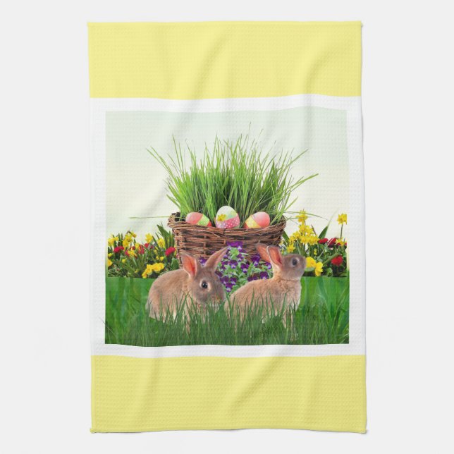 Easter Bunnies in the Garden / Spring Holiday Kitchen Towel (Vertical)